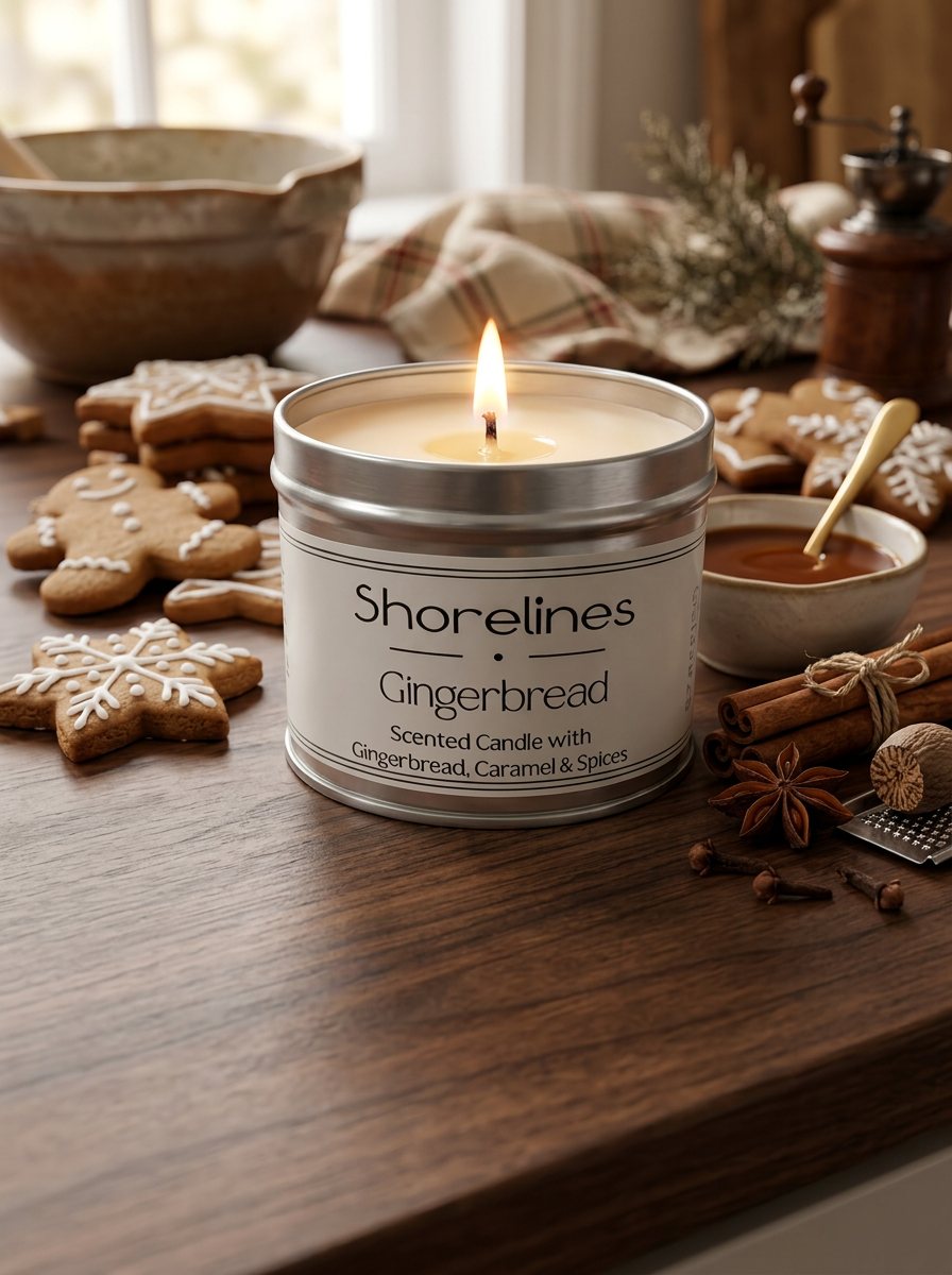 Shorelines Gingerbread candle burning among gingerbread and spices